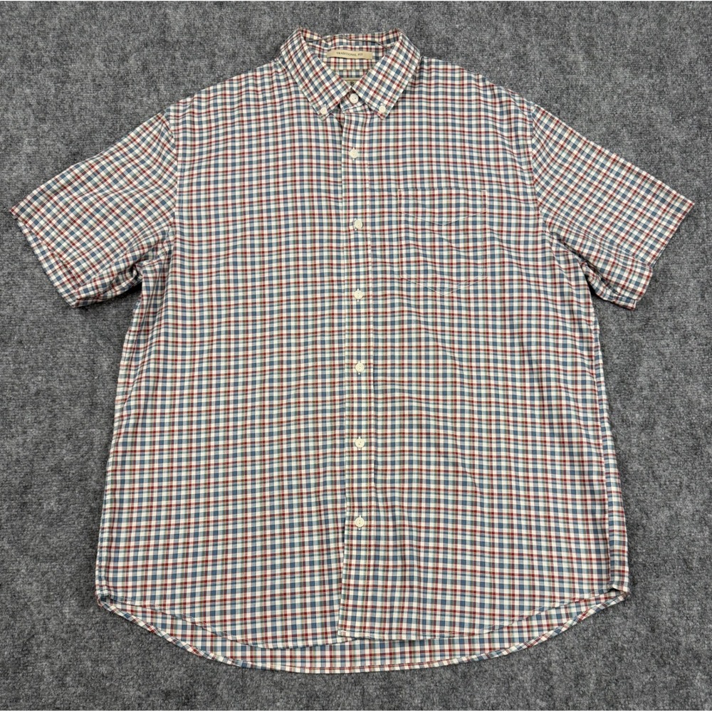 LL Bean Mens Traditional Fit Plaid Short Sleeve Shirt Red Blue Cotton L 500510